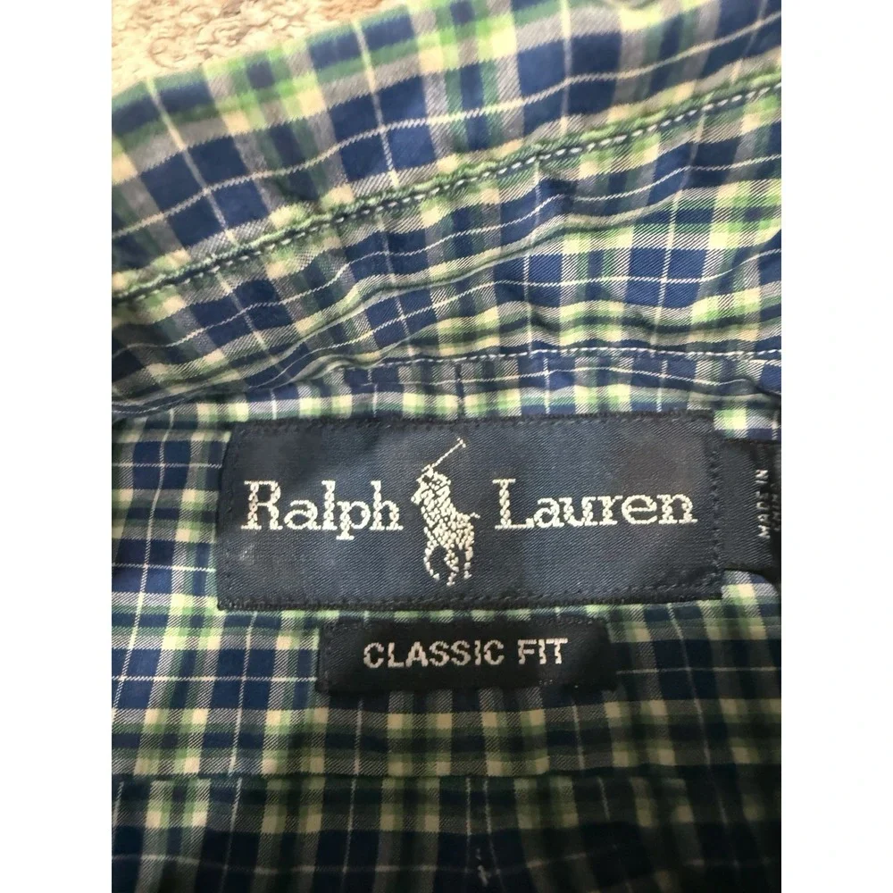 Ralph Lauren Polo Shirt Mens Medium Classic Fit Pony Long Sleeve Green BluePlaid